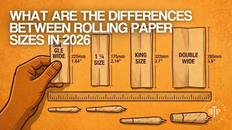 A retro-style infographic with an orange textured background compares four different rolling paper sizes. A hand on the far left holds the smallest paper, labeled "SINGLE WIDE" with dimensions "225mm 1.64". To its right is a paper labeled "1 ¼ SIZE" with "175mm 2.14". Next is a paper labeled "KING SIZE" with "322mm 3.7". On the far right is a paper labeled "DOUBLE WIDE" with "285mm 3.9". Large white text at the top reads, "WHAT ARE THE DIFFERENCES BETWEEN ROLLING PAPER SIZES IN 2026". A ruler with markings sits below the papers, and four rolled joints are positioned beneath the ruler. A circular logo in the bottom right corner contains the text "ROLLING PAPER THAILAND".