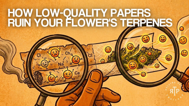 Infographic illustration titled "HOW LOW-QUALITY PAPERS RUIN YOUR FLOWER'S TERPENES". It contrasts a view through a magnifying glass on the left, showing sad, sick, distressed, and angry emojis with chemical symbols (like CI, Na, Ca) around a dark, unappealing cannabis bud, representing the effect of low-quality paper. In contrast, on the right, happy, smiling emojis surround a healthy, vibrant cannabis bud inside a transparent rolling paper, representing the preservation of terpenes with quality paper. A "ROLLING PAPER THAILAND" logo with "RPT" is at the bottom right. The image has an aged paper texture.