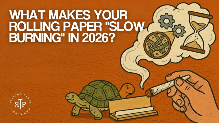 An illustration featuring a turtle, an open rolling paper booklet, and a hand holding a lit joint with a smoke cloud containing gears, magnified fibers, and an hourglass. Text reads "WHAT MAKES YOUR ROLLING PAPER 'SLOW BURNING' IN 2026?" alongside the Rolling Paper Thailand logo.