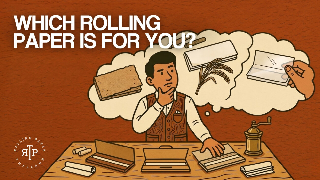 Here are the alt text, caption, and description for the file RPT_MAY26_Blog2_16.9.jpg: Alt Text "Which Rolling Paper is For You? An illustration of a thoughtful man sitting at a desk, contemplating three different types of rolling papers in a thought bubble: unbleached, plant-based, and clear cellulose.