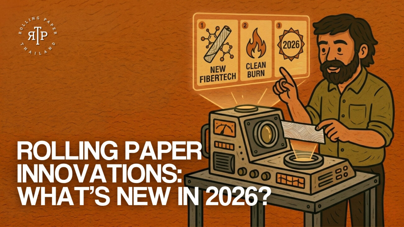 An illustration of a bearded man using a futuristic testing machine to analyze new clean burn and fibertech innovations for 2026, presented by Rolling Paper Thailand.