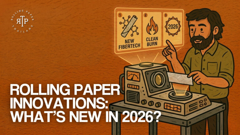 An illustration of a bearded man using a futuristic testing machine to analyze new clean burn and fibertech innovations for 2026, presented by Rolling Paper Thailand.