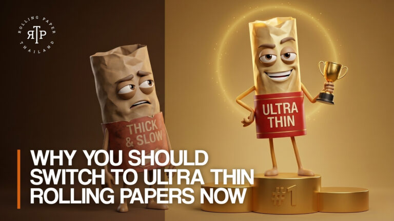 A split-screen promotional graphic for Rolling Paper Thailand. On the left, in shadows, stands a sad, crumpled, and dull-looking joint character wearing a brown wrapper labeled "THICK & SLOW." On the bright, golden right side, a smooth, happy joint character wearing a bright red wrapper labeled "ULTRA THIN" stands confidently on a gold #1 podium, holding a gold trophy with a glowing halo behind it. In the bottom left corner, bold white text reads "WHY YOU SHOULD SWITCH TO ULTRA THIN ROLLING PAPERS NOW" next to an orange vertical accent line. The Rolling Paper Thailand circular logo is in the top left.