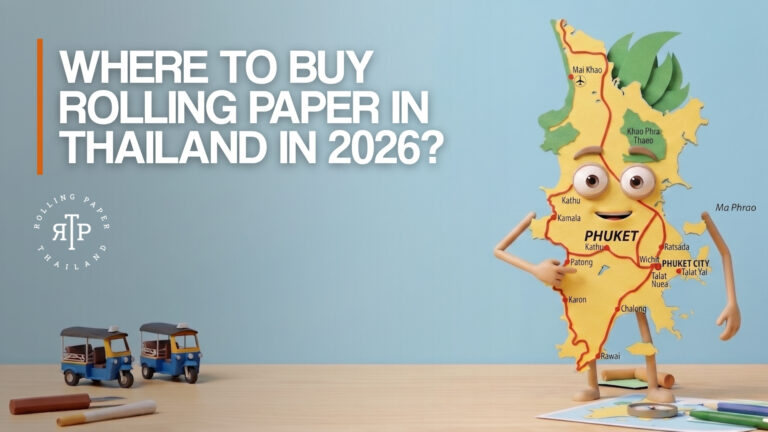 Blog cover for "Where to Buy Rolling Paper in Thailand in 2026?" by Rolling Paper Thailand, with a cartoon Phuket-map mascot and toy tuk-tuks.
