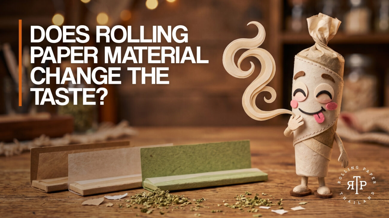 Does Rolling Paper Material Change the Taste?" blog cover: a felt paper-craft joint mascot grinning with its tongue out, tasting a swirl of smoke beside three rolling papers in different materials on a wooden table.