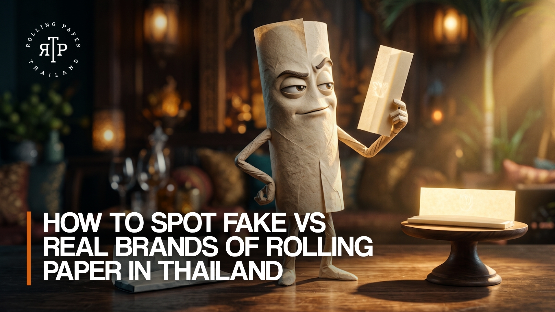 How to Spot Fake vs Real Brands of Rolling Paper in Thailand — cartoon rolling-paper mascot with a skeptical expression inspecting a booklet of rolling paper on a table.